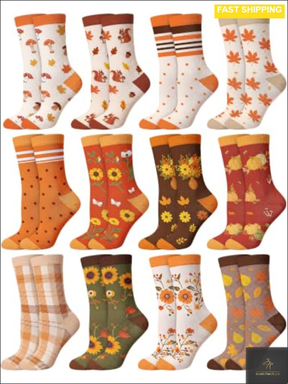 12 Pairs Cozy Fall Socks for Women Cotton Blend One Size Fits Shoe 5-10